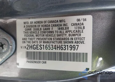 2004 Honda Civic Lx из США, поврежденный, VIN 2HGES16534H631997